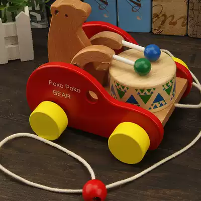 Children's intellectual wooden drag Walker 2-3-6 year old baby pull string trolley toy bear drum cart