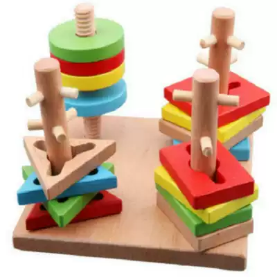 Beiyao toys Wooden toys for young children Geometric shape cognitive set-column building blocks Four-column smart shape building blocks