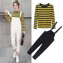 Pregnant women autumn suit fashion style 2019 new Korean denim overalls womens autumn outing sports two-piece set