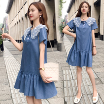 Ocean Gas Pregnancy Woman Dress Summer Clothing 2021 Tide Hot Moms Summer Denim Slim Down Collar Tennis Red Minus-Age Freshener Dress