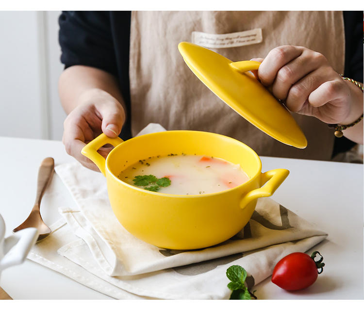 Japan-style Frosted Double Ear Bubble Noodle Bowl with lid Ceramic Baking Rice Bowl of Bowls Noodles Bowl Steamed Egg Bowl Oven Microwave Oven Bowl