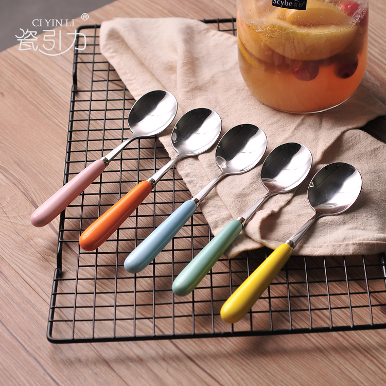 Ceramic Handle Stainless Steel Rice Spoon Ice Cream Fork Spoon Western Meal Fruit Dessert Cake Fork Candy Color Children Cutlery