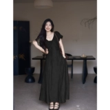 贰羊设计 Синий корсет, платье, длинная юбка, китайский стиль, рукава фонарики, из хлопка и льна