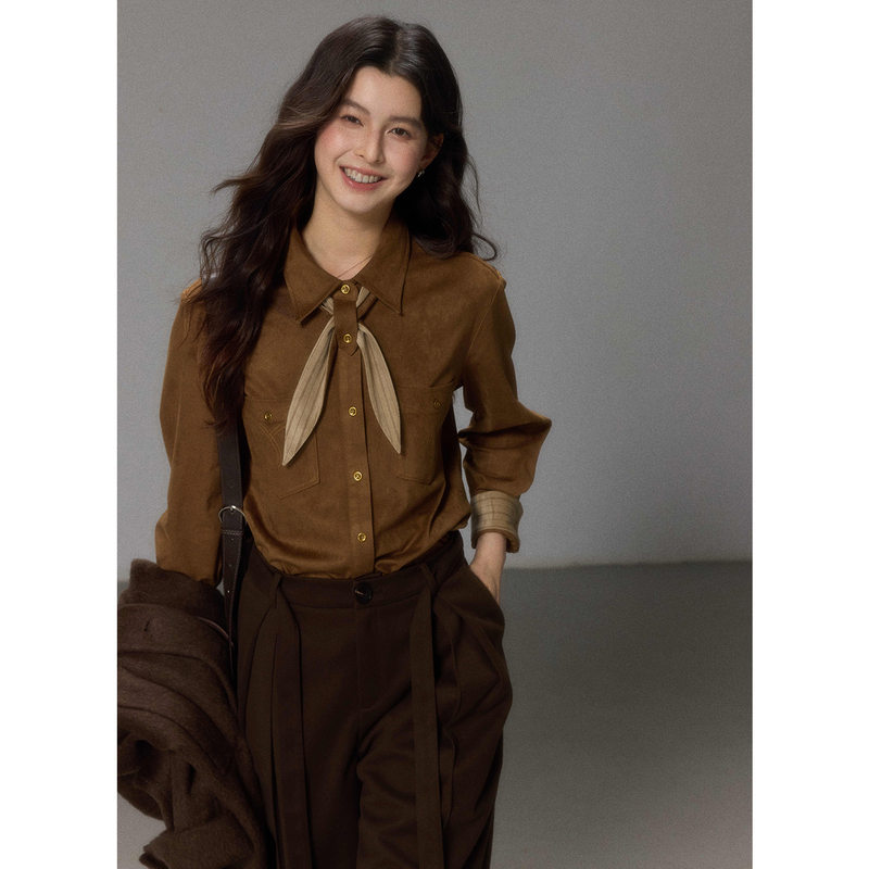 Er Yang Design [Brown] Retro Fashionable Scarf-Like Faux Leather Suede Long Sleeve Shirt Winter New Commuter Top