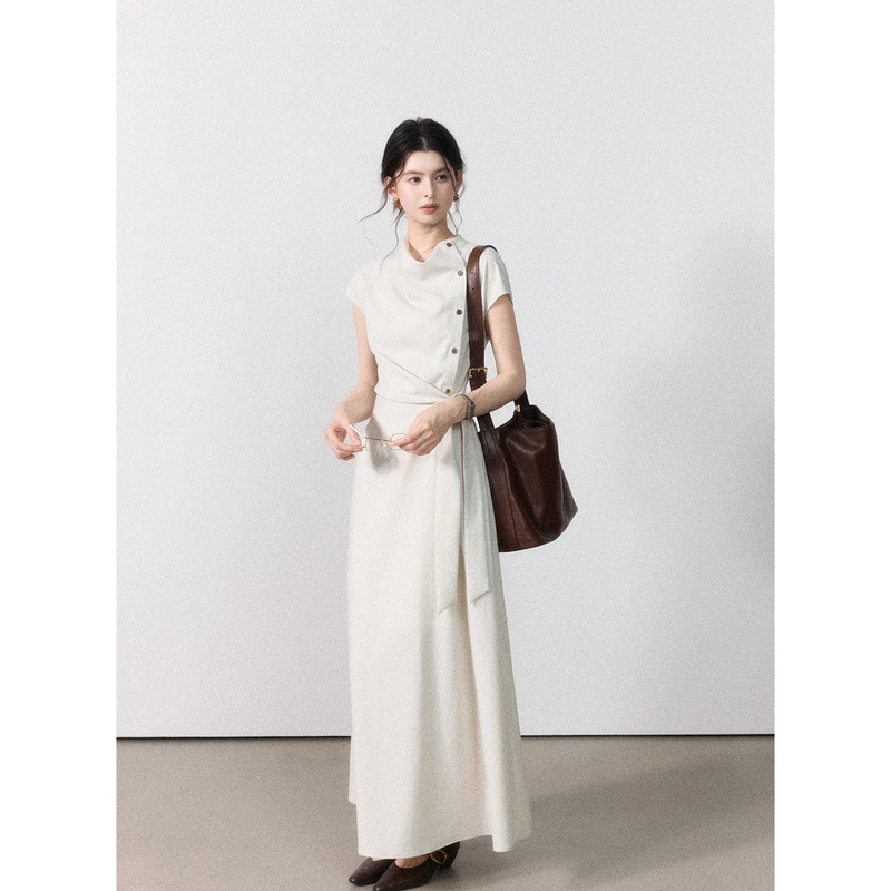 Er Yang Design [Zhi Nian] High-End Commuting Intellectual Style Dress for Women with Asymmetrical Placket and Tie, Elegant Dress
