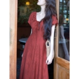 贰羊设计 Синий корсет, платье, длинная юбка, китайский стиль, рукава фонарики, из хлопка и льна