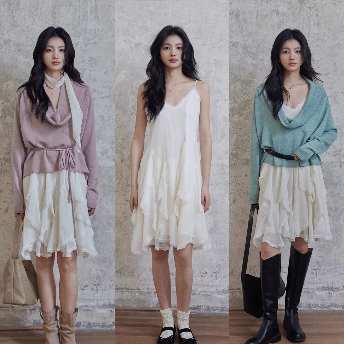 二良デザイン[西青]超妖精ドレープ不規則シフォンレースVネックサスペンダードレスレディース春新スタイル