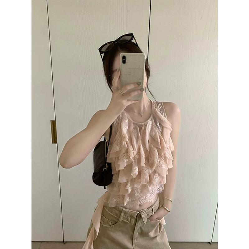 Heavy-Duty Ruffled Camisole Lace Top for Women, 2026 Spring New Style, High-End, Elegant, Slimming Sleeveless Top