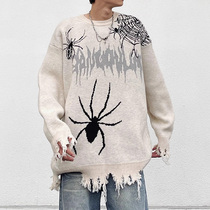 American retro spider design ripped tassel sweater mens spring and autumn contrast striped long-sleeved sweater