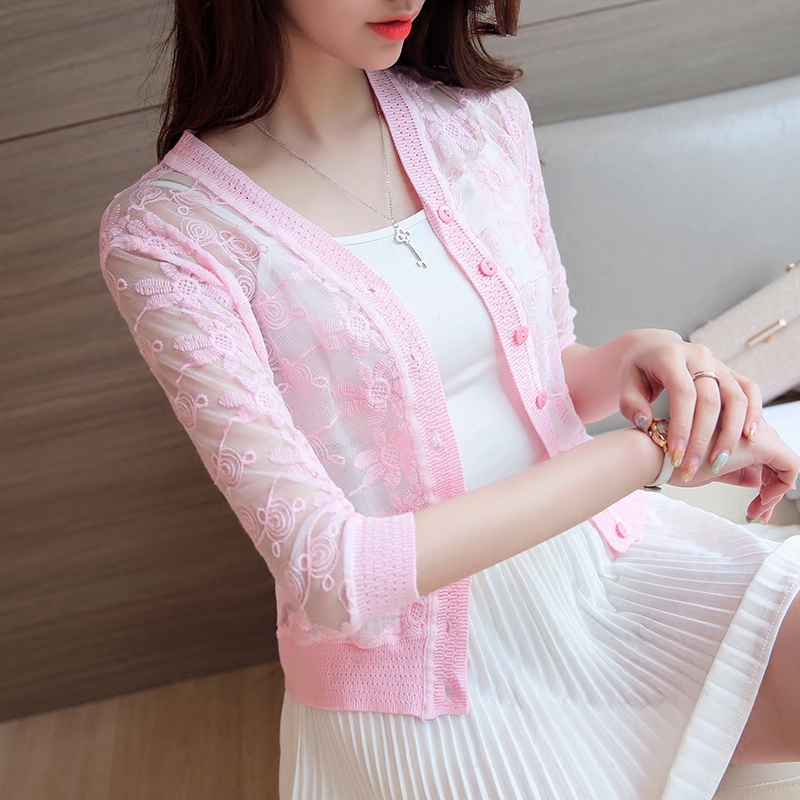 Summer lace short knitted cardigan with skirt Sunscreen clothes Women's air conditioning shirt Thin jacket Small shawl outside