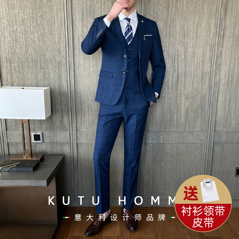 British plaid suit suit men's three-piece slim business formal dress Groom wedding dress custom suit men