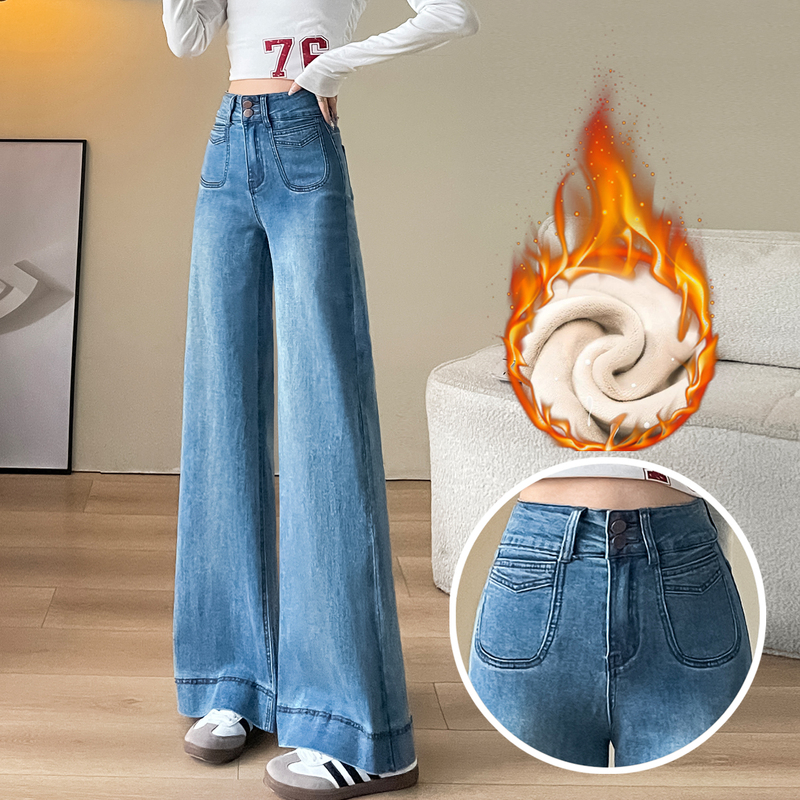 Lamb Wool Thickened Denim Wide-Leg Pants for Women, Winter Warm Outerwear, Hip-Covering, Slimming, High-Waisted, Loose Straight-Leg Floor-Length Pants Lamb Wool Thickened Denim Wide-Leg Pants for Women, Winter Warm Outerwear, Hip-Covering, Slimming, High-Waisted, Loose Straight-Leg Floor-Length Pants