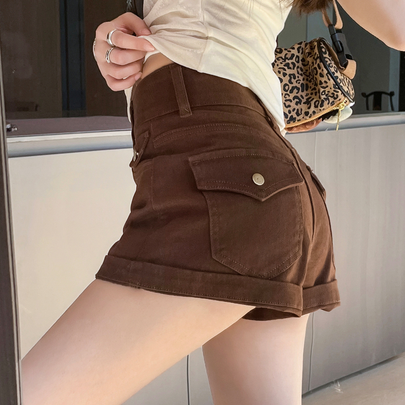 American-Style Coffee-Colored Denim Shorts for Women, Summer 2026, Thin A-Line Double-Button Rolled Hem Stretchy Brown Three-Quarter Hot Pants