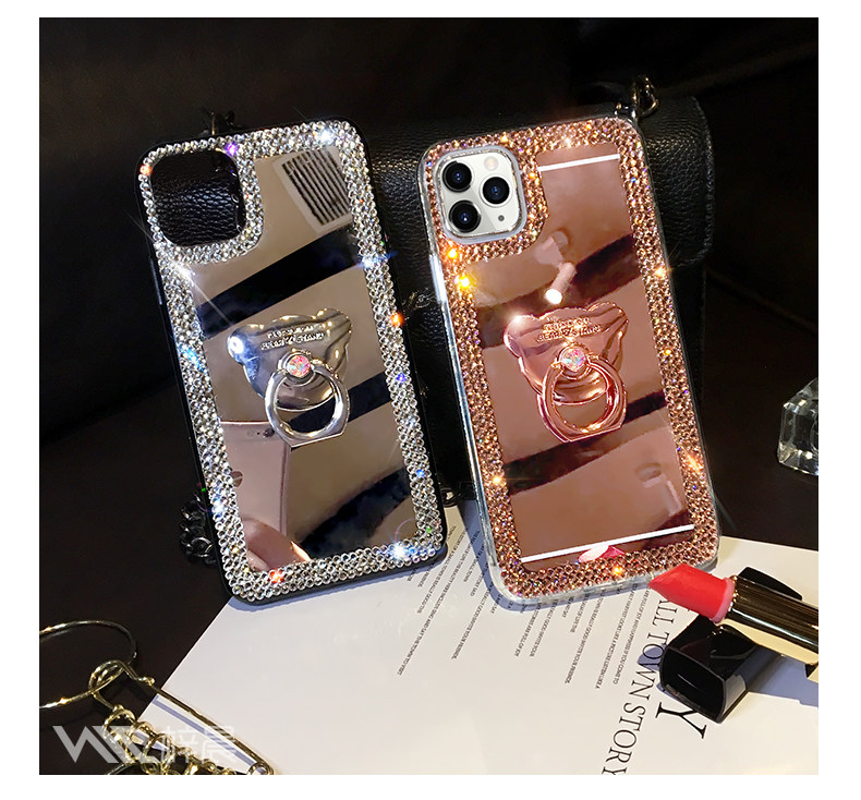 Custodia Per IPhone Con Glitter E Specchio, Diamantata, Con Anello Portadito, Per Modelli 16/15/14/13/12/11/X