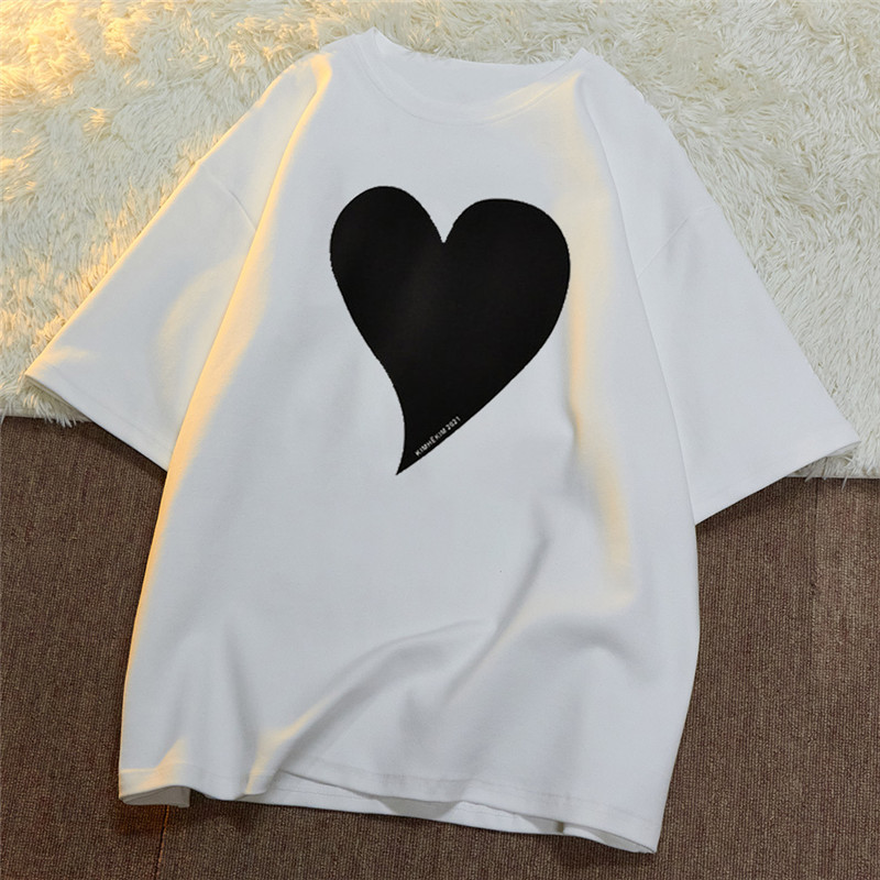 Real price cotton 2021 new summer love printing round neck loose Pullover short sleeve T-shirt for women