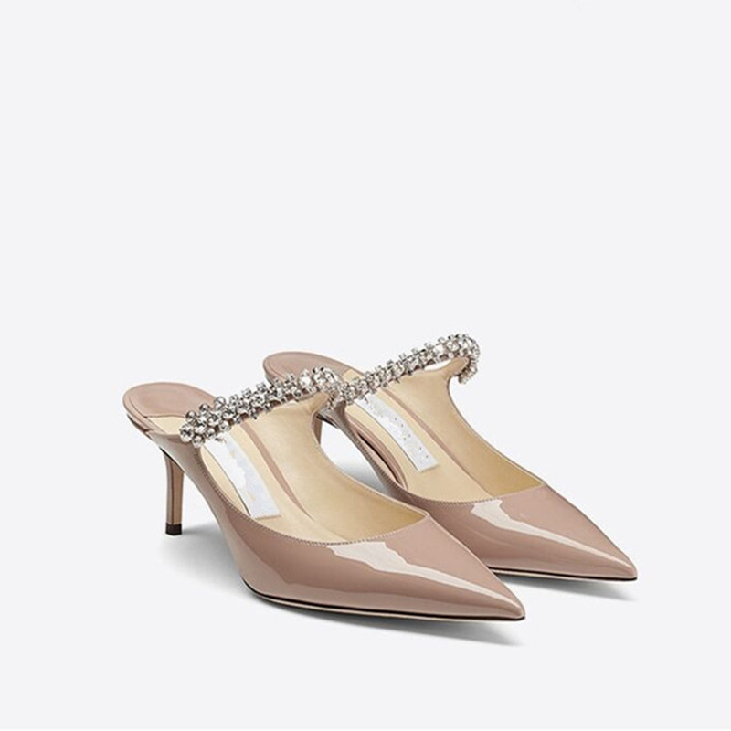 High-Heeled Sandals for Women, Pointed Toe, Stiletto Heel, Closed Toe, Open Back, Low-Cut Mules, Sweet Solid Color, Rhinestone Chain, Nude Slippers