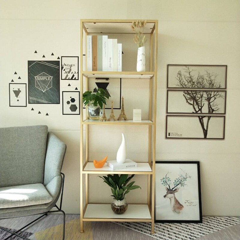 Home Floor Bookshelves Iron Art Cabinet Show Shelf Marble Bedroom Room Double Light Luxury