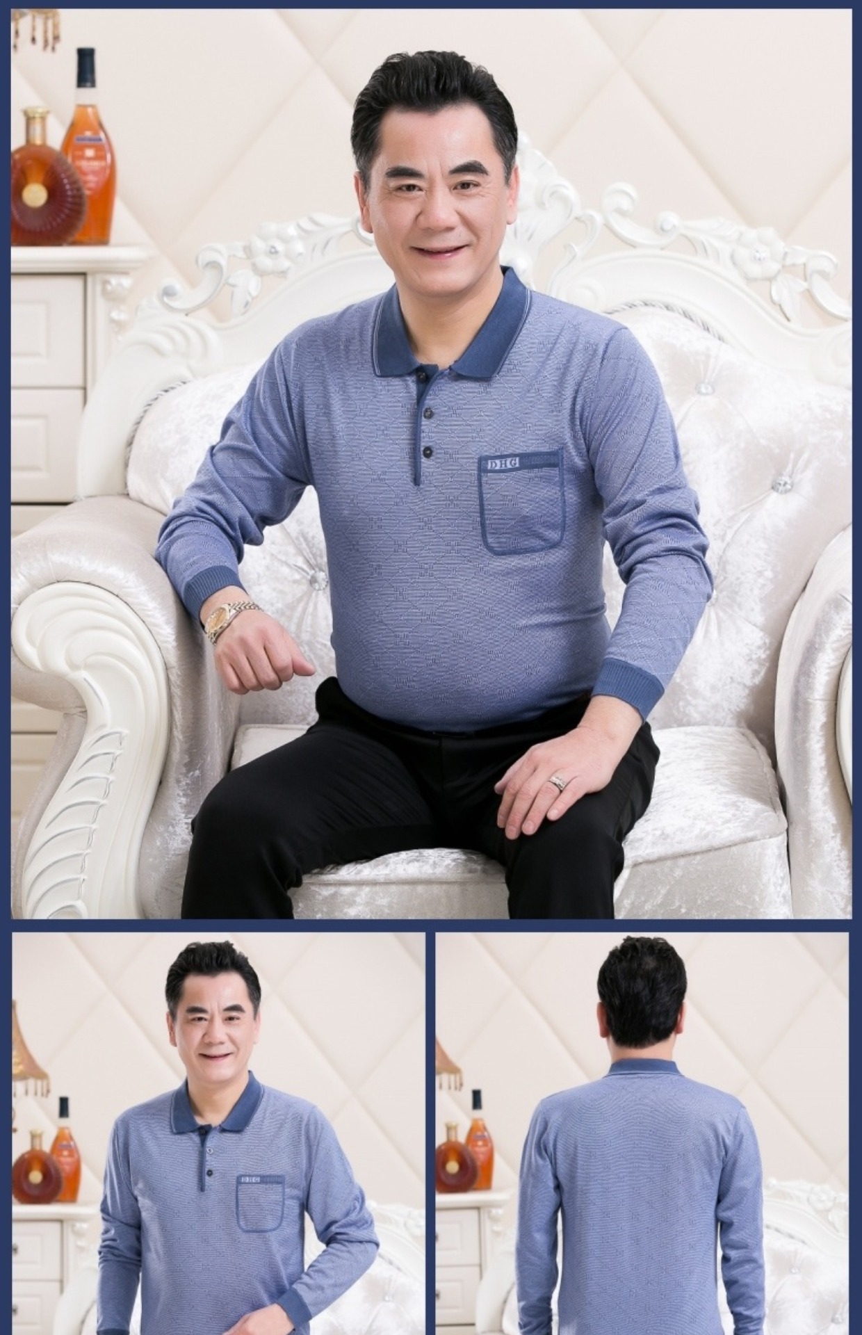Đàn ông trung niên áo thun dài tay rộng kích thước lớn bố mùa xuân ve áo dài tay trung niên POLO áo bố áo thun nam có cổ hàng hiệu