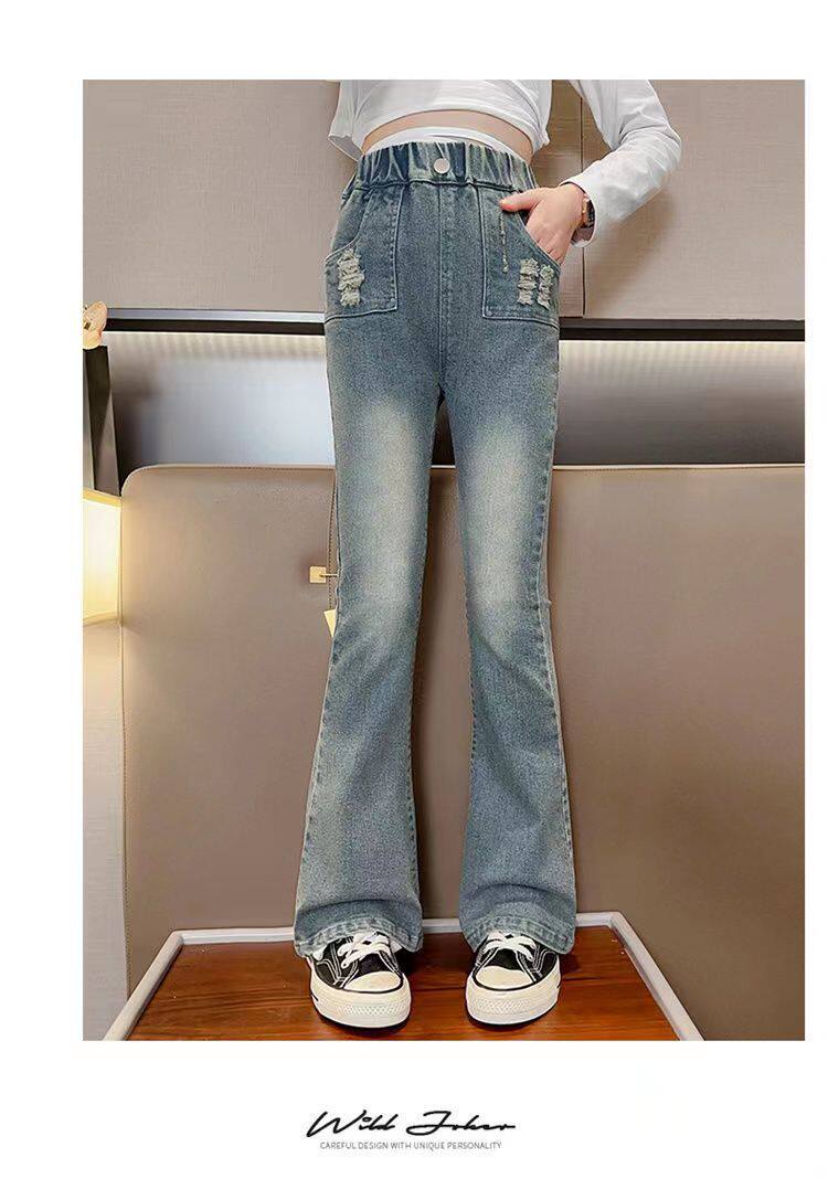 Джинсы детские 女童喇叭裤秋冬新款儿童加绒牛仔裤韩版洋气中大童时尚显瘦微喇裤