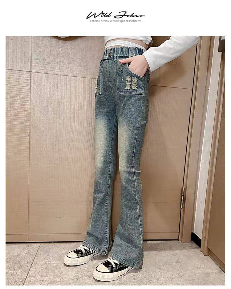 Джинсы детские 女童喇叭裤秋冬新款儿童加绒牛仔裤韩版洋气中大童时尚显瘦微喇裤