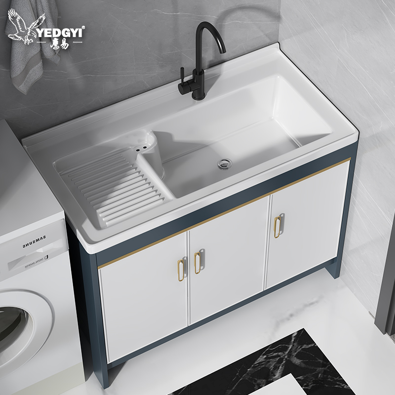 Space Aluminum Laundry Cabinet Washbasin Balcony Ceramic Laundry Tank Floor-Type Integrated Laundry Table Basin With Washboard Pool