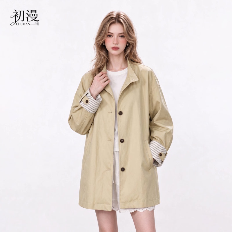 Cm Chuman Yellow Trench Coat for Women, Autumn 2026 New Korean Style, High-End, Elegant, Age-Reducing, Casual Overcoat