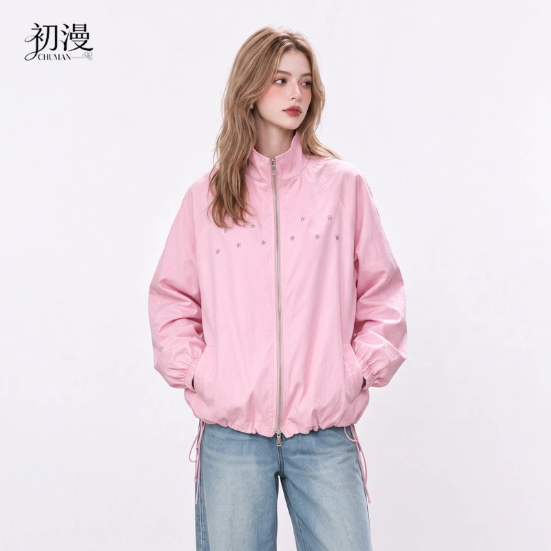 Cm Chuman Pink Jacket for Women, Autumn 2026 New Korean Style Loose Fit, Youthful Baseball Jacket, Casual Jacket