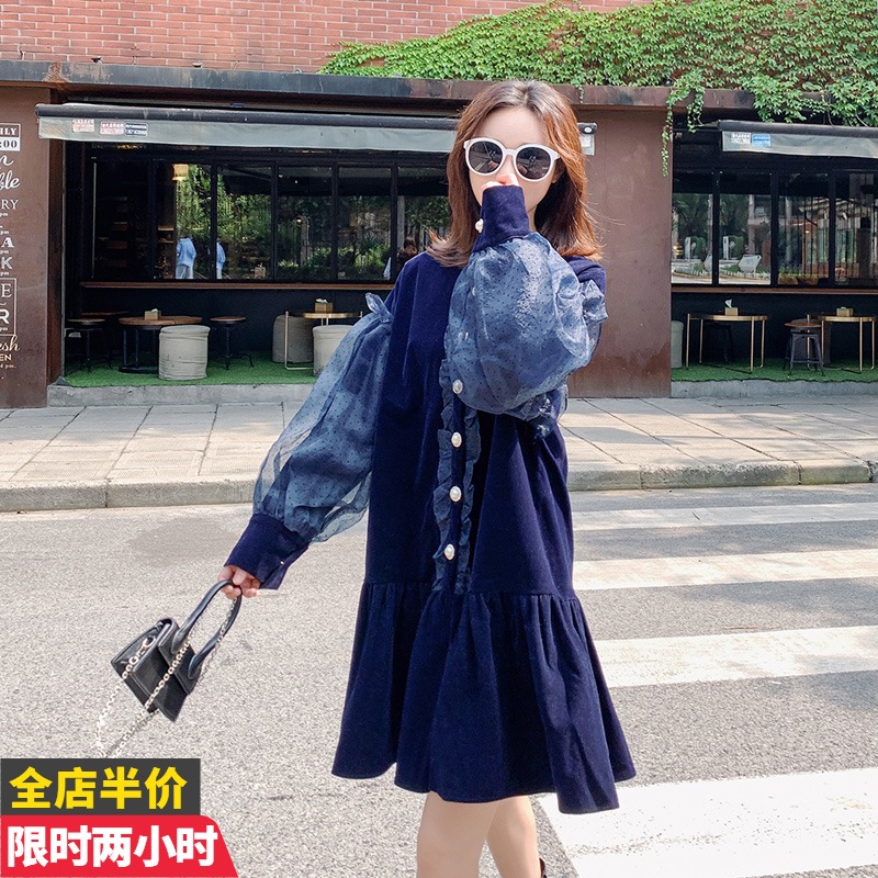 2021 Autumn Winter New Lamp Wick Suede Foreign Pie Minus Pregnancy Woman Dress Small Sub Fashion Middle Long Version Long Sleeve Foreign Dress