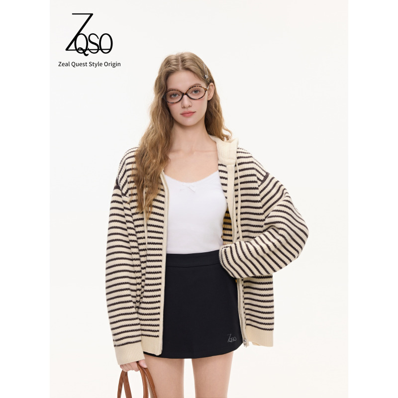 Zqso Lazy Style Hooded Striped Knitted Cardigan for Women, New Loose Slimming Zipper Sweater Jacket for Spring and Autumn