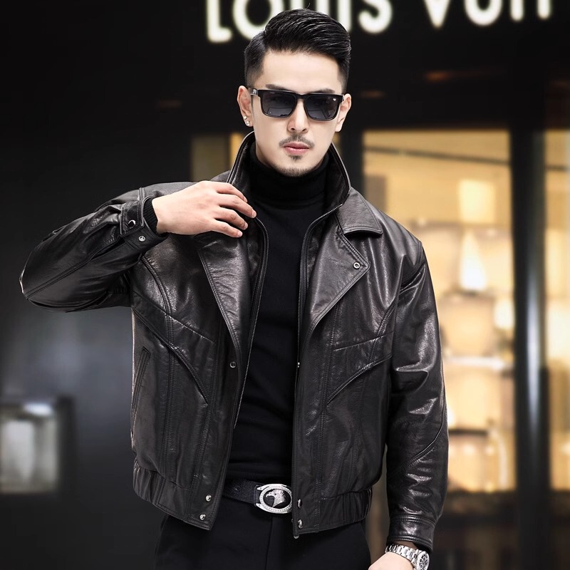 2025 Haining Genuine Leather Men's Hunting Jacket Motorcycle Trendy Design Short Stand-Up Collar Thickened Leather Jacket Coat 2025 Haining Genuine Leather Men's Hunting Jacket Motorcycle Trendy Design Short Stand-Up Collar Thickened Leather Jacket Coat
