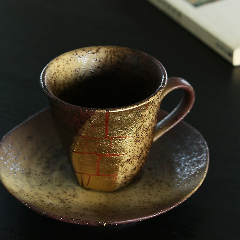 Spot Japan imported Kutani burnt stoneware gold color coffee cup black tea mug cup cup saucer set