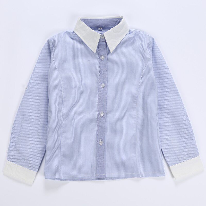 School Uniform Long Sleeve White Blue Fine Interval Striped Shirt Girl Pure Cotton Single Layer Spring Autumn Student White Shirt Performance 507