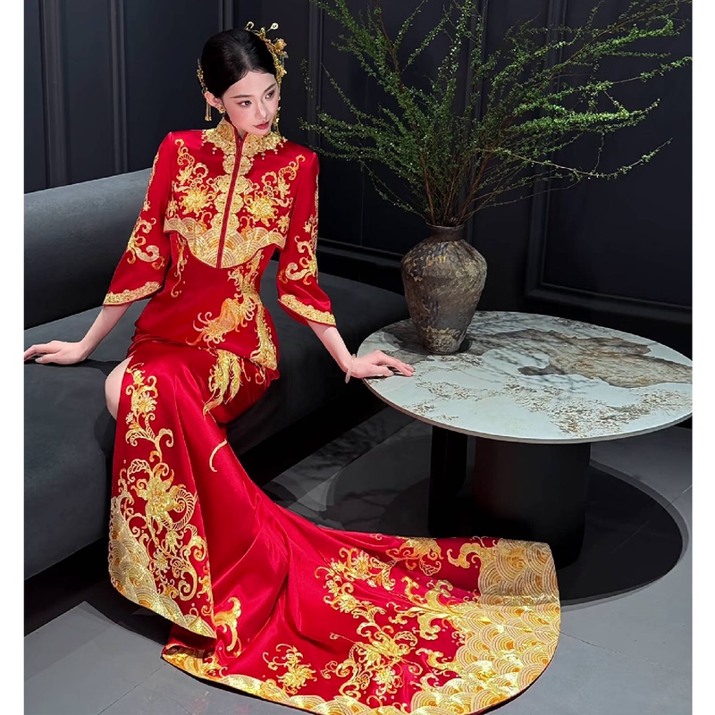 New Chinese-Style Fishtail Xiuhe Dress for Brides, 2026 New Wedding Dress, Toast Dress, Red Trailing Cheongsam Wedding Dress for Women