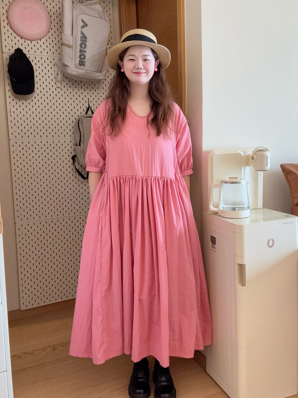 11 Has Good Things to Offer: Original Summer Suzhou Pink Custom-Dyed Dress with Cool Fabric, Large Skirt, Simple Long Dress, Loose Fit