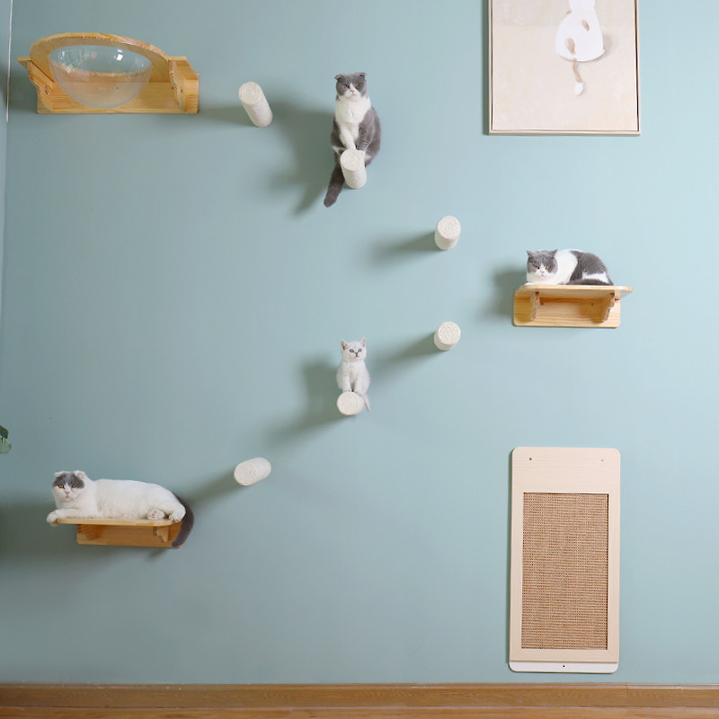 Cat climbing frame wall type solid wood cat frame diy scratching board sisal scratching column wall hanging cat nest human cat shared jumping platform toy