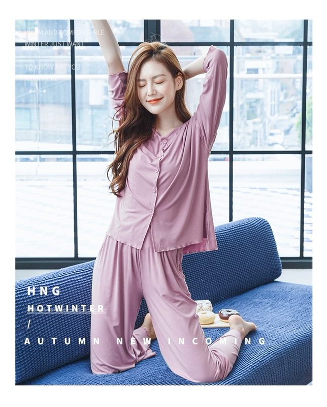 Modal pyjama nữ mùa xuân và mùa thu dài tay cardigan phù hợp với mẹ trung niên phong cách mỏng mùa hè có thể về nhà phục vụ - Bên ngoài ăn mặc