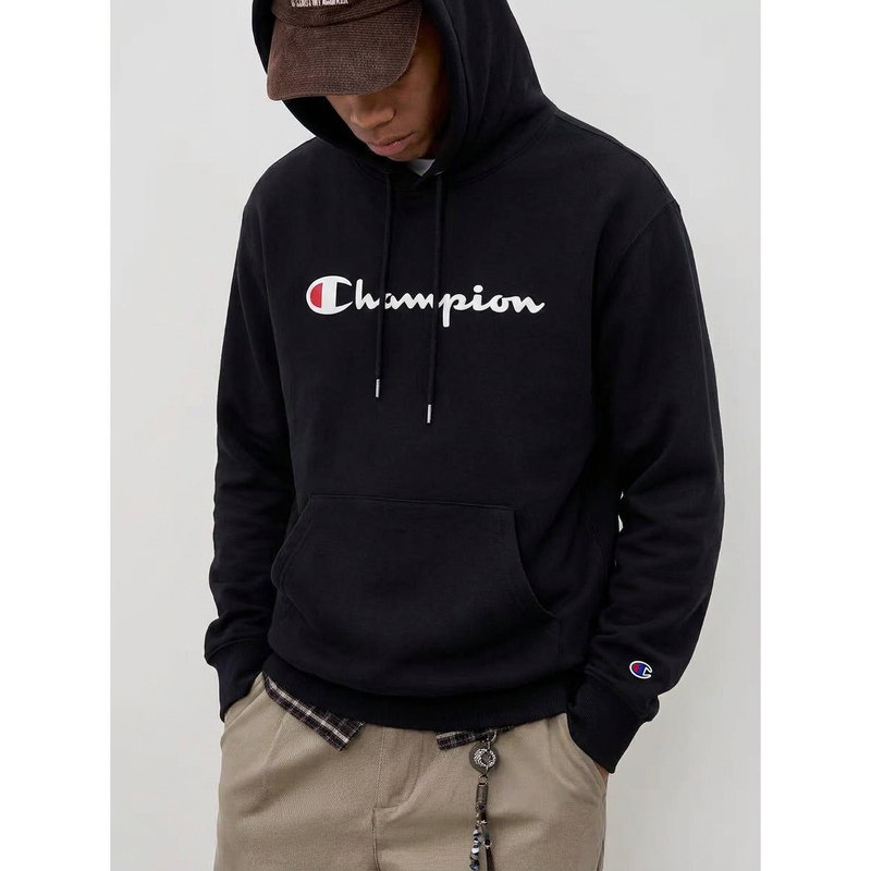 American Version of the Authentic Champion Classic Sweatshirt with Printed Fleece, Unisex Loose Pullover Cursive Hoodie, Japanese Version