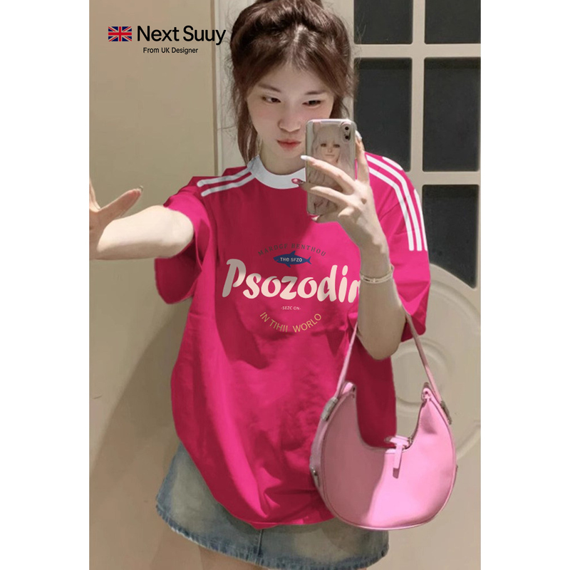 Next Suuy Uk Collaboration Three-Stripe Short-Sleeve T-Shirt for Women, Summer Dopamine Style, Loose Half-Sleeve Top, Trendy Next Suuy Uk Collaboration Three-Stripe Short-Sleeve T-Shirt for Women, Summer Dopamine Style, Loose Half-Sleeve Top, Trendy