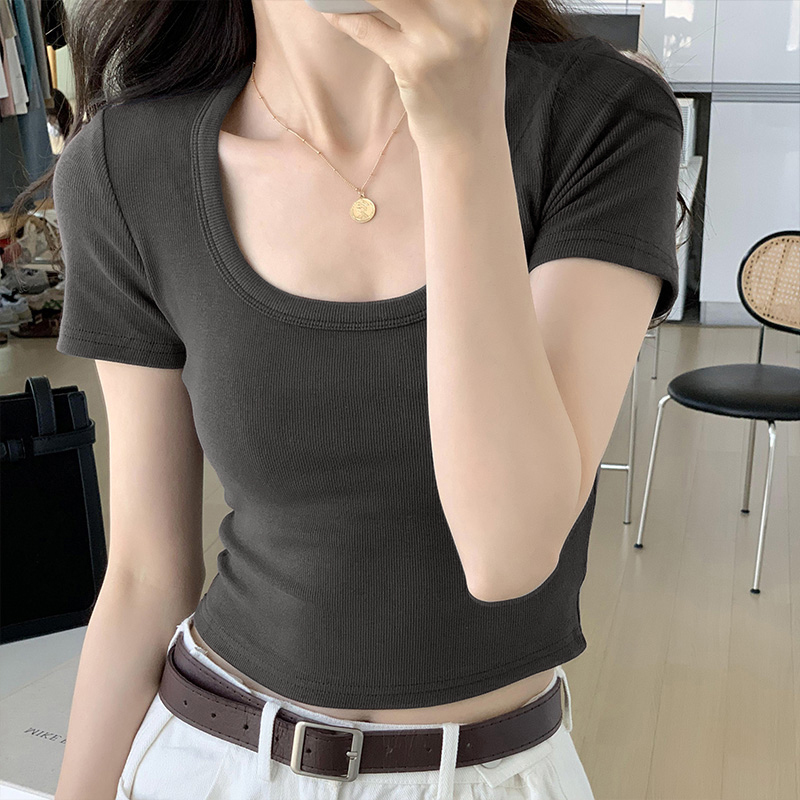Square Neck Slim Fit Sexy Cropped U-Neck Short T-Shirt Summer Spicy Girl Inner Wear Top Women's Base Shirt Regular Shoulder Short Sleeve