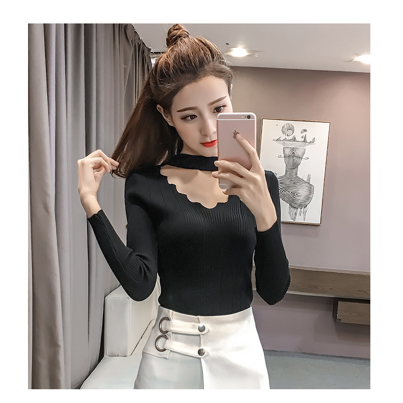 Áo thun lụa tay dài mùa thu nữ có phần mỏng trước và sau áo cổ chữ V đan đáy 2019 mới ren mỏng hoang dã. áo khoác len