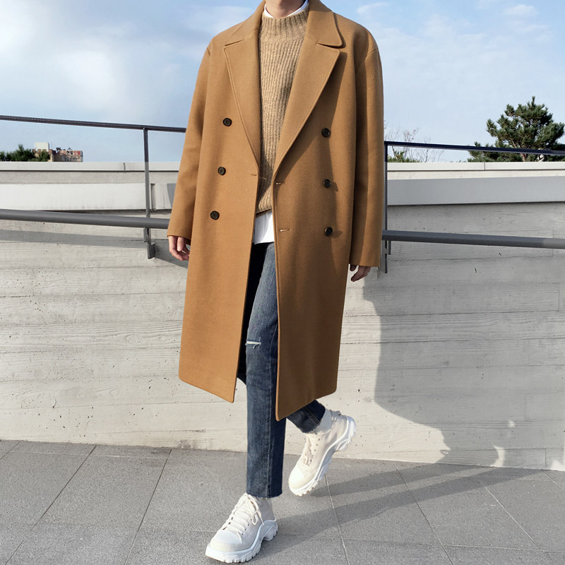 Windbreaker men in the long version of the Korean version loose trend handsome over-the-knee coat autumn and winter thickened wool coat men