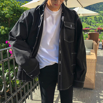 Mens Spring Black Washed Denim Jacket Korean Style Trendy Handsome Retro Denim Loose Jacket Trendy Men