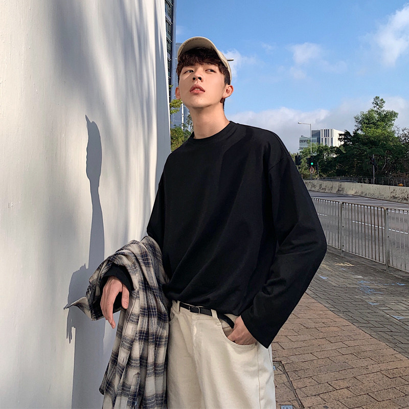 Men long sleeve T-shirt spring loose casual inside lap clothing Korean version of pure color tree-shirt trendy minimalist sweatshirt
