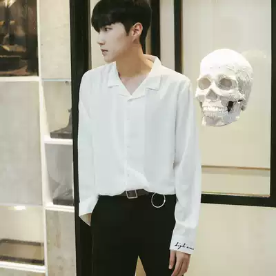 Embroidered white shirt men's summer Korean version of the trend handsome casual shirt Port wind loose hanging Cuban collar long-sleeved inch shirt