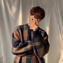Japanese Hong Kong Style Loose Retro Sweater Korean Trend Color Matching Plaid Knitwear Lazy Style Pullover Bottom Men