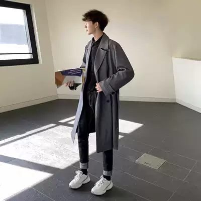 Men's double-breasted long windbreaker men's Korean version loose trend handsome knee coat men's long casual coat
