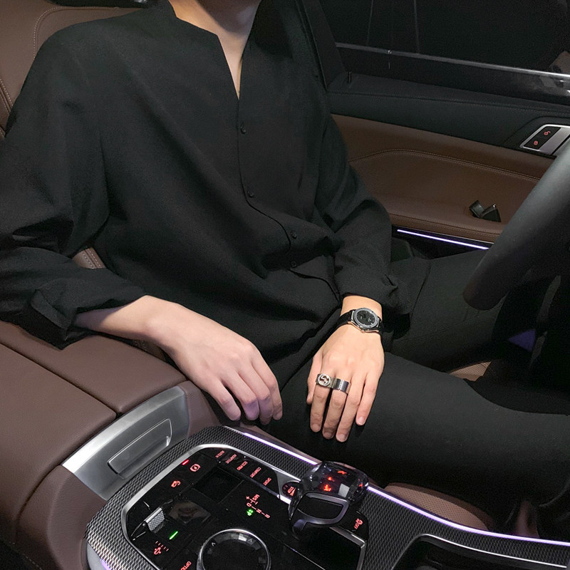 Ruffian handsome shirt men's spring and autumn new Korean version handsome collarless slim shirt personality irregular inch shirt men's free ironing