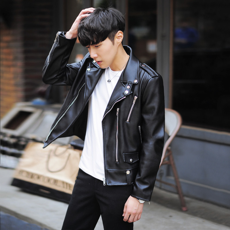 Ruffian handsome leather men slim 2021 spring and autumn short locomotive clothing Korean trend handsome Puskin jacket men