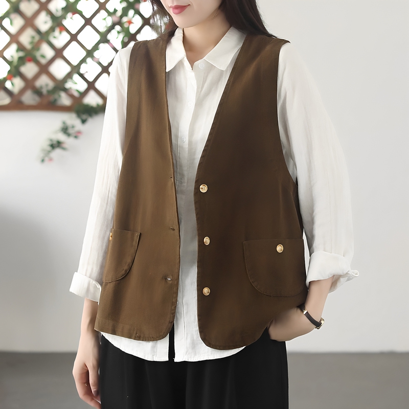 Retro Casual V Neck Single-Breasted Pure Cotton Vest for Women in Autum Loose Slimming Look Sleeveless Workwear Vest Vest Top