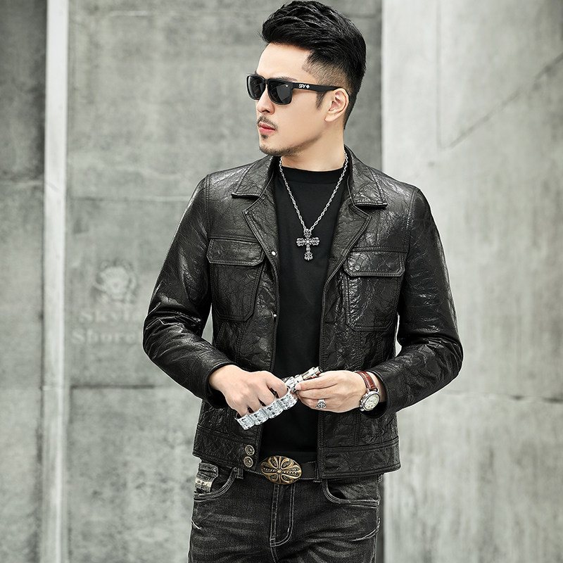 Men's leather jacket leather jacket jacket turned collar Genuine Leather Head Layer Cow Leather Retro Casual Locomotive Short autumn clothing